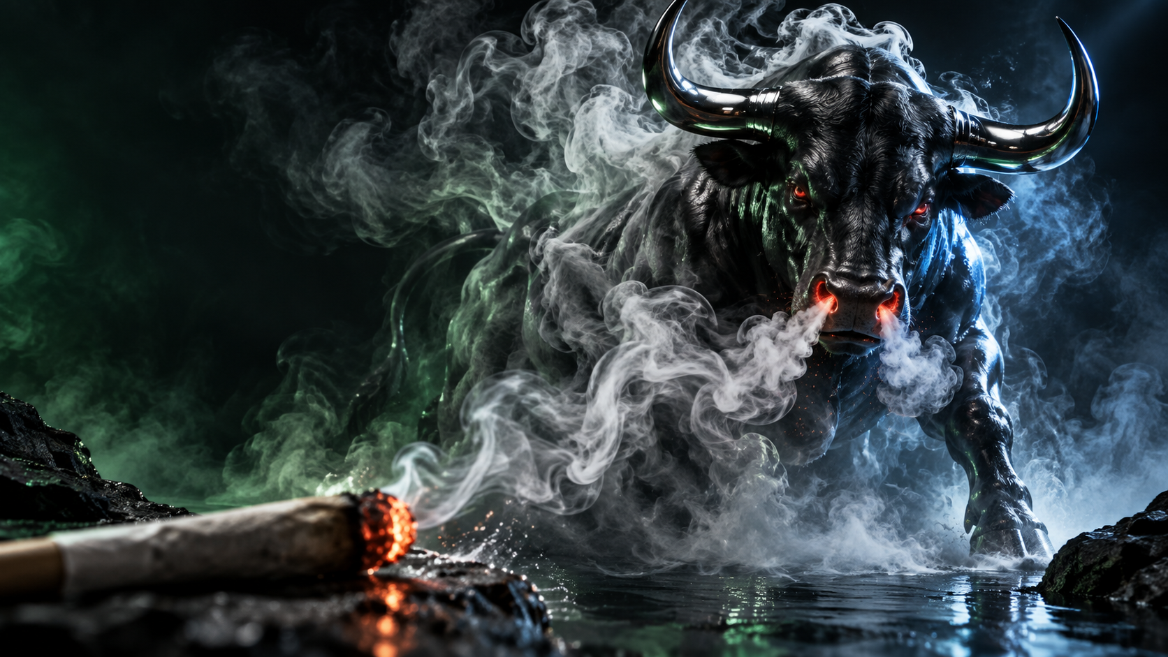 A blazing bull emerging from smoke